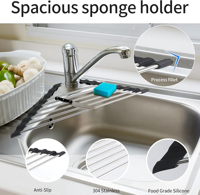 Roll Up Dish Drying Rack and Triangle for Sink,over the Sink , Kitchen Corner Drainer Mat, Foldable Stainless Steel (Triangle) Silver