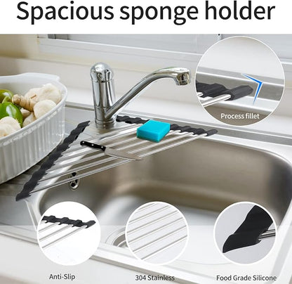 Roll Up Dish Drying Rack and Triangle for Sink,over the Sink , Kitchen Corner Drainer Mat, Foldable Stainless Steel (Triangle) Silver