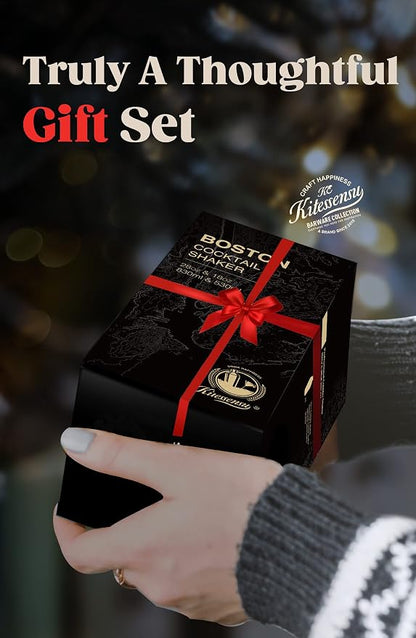 KITESSENSU Boston Cocktail Shaker Set, 4-Piece Boston Shaker Tins Bartender Kit with 18oz & 28oz Mixed Drink Shaker, Hawthorne Strainer, Double Measuring Jigger, Cocktail Recipe Cards Included