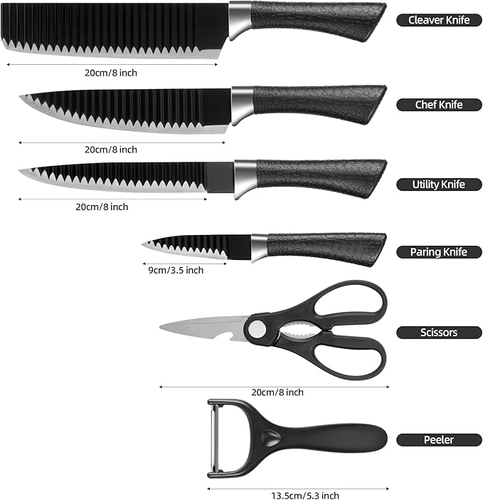 TJ POP 6-Piece Kitchen Knife Set, Non-Stick Coated Wavy-Grained Stainless Steel Blades, Non-Slip Ergonomic Handle, Lightweight Rustproof Sharp Chef's Knives for Home Cooking Restaurant Camping, Black