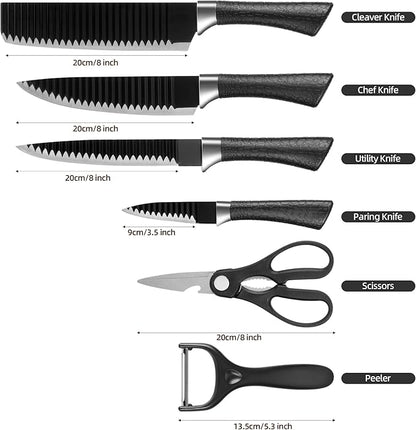 TJ POP 6-Piece Kitchen Knife Set, Non-Stick Coated Wavy-Grained Stainless Steel Blades, Non-Slip Ergonomic Handle, Lightweight Rustproof Sharp Chef's Knives for Home Cooking Restaurant Camping, Black