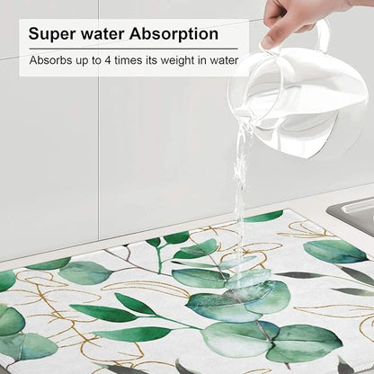 Green Leaves Dish Drying Mat 18x24 For Kitchen Counter Absorbent Microfiber Dishes Pad Dish Drainer Rack Mats Fast Dry Kitchen Accessories