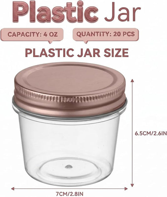 novelinks 4 oz Small Plastic Jars with Lids, 20 Pack Mini Plastic Mason Jars with Lids 4oz, Craft Storage Containers & Canning Jars & Small Spice Jars for Kitchen Organization (20 Pack,Rose Gold)