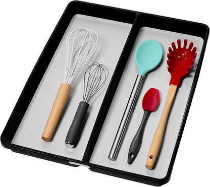 madesmart 2 Compartment Utensil Tray, Deep Storage for Ladles, Whisks & Serving Tools, Non Slip Lining, for Drawers & Home Organization, Carbon