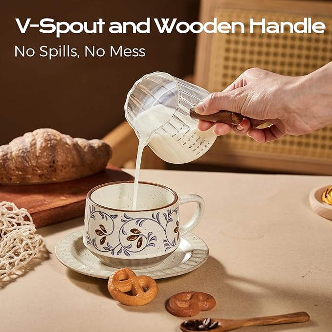 YARRAMATE 6 oz/180ML Glass Measuring Cup with Wooden Handle – Espresso Shot Cups, Ribbed Milk Frothing Pitcher, Dual Scale Markings, V-Shaped Mouth for Easy Pouring