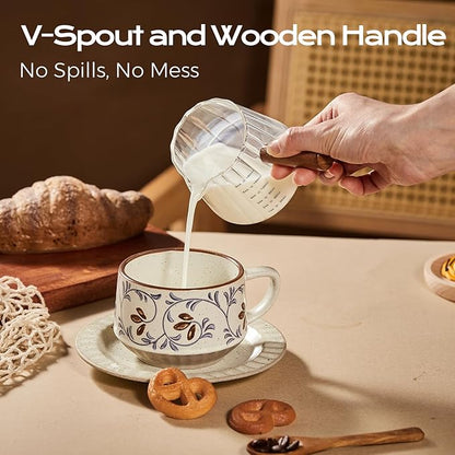 YARRAMATE 6 oz/180ML Glass Measuring Cup with Wooden Handle – Espresso Shot Cups, Ribbed Milk Frothing Pitcher, Dual Scale Markings, V-Shaped Mouth for Easy Pouring