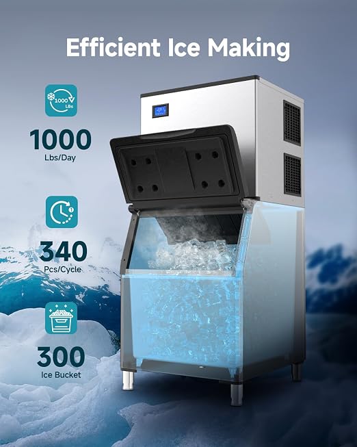 EUHOMY Commercial Ice Maker Machine,1000lbs/24H,Industrial Ice Machine with 300lbs Storage Bin,Ice Ready in 10-15 Mins,SECOP Compressor&ETL,Stainless Steel Ice Maker for Bar/Cafe/Restaurant/Business