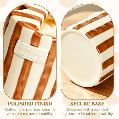 Ceramic Coffee Mug Novelty Ceramic Travel Mug Cute Espresso Cups To Go Anthropologie Latte Cups Aesthetic Brown Pottery Mugs With Sip Hole 10oz Clay Striped Vintage Handmade Coffee Cup for Home