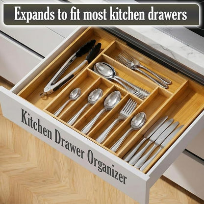 9-Slots Bamboo Drawer Organizers for Kitchen, Expandable Silverware Drawer Organizer, Multipurpose Utensil Organizer for Kitchen Drawers, Large Cutlery Drawer Organizer for Spoons, Forks & Knives