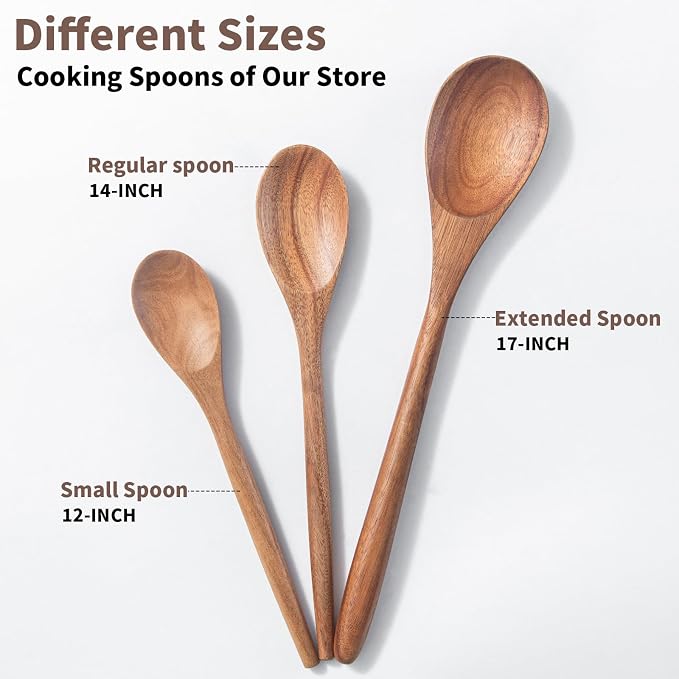 2PCS Acacia Wooden Spoons For Cooking 12-Inch Smooth Finish Cooking Spoons-Comfortable Grip Wood Spoons for Cooking - Non-Stick Cooking Utensils (Cooking Spoons 2pcs)