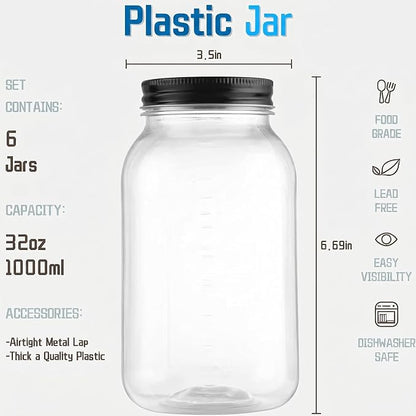 novelinks 32 oz Clear Plastic Jars with Lids, 6 Pack Large Plastic Mason Jars with Lids 32oz, Reusable Quart Containers for Kitchen Organization (6 Pack,Black)