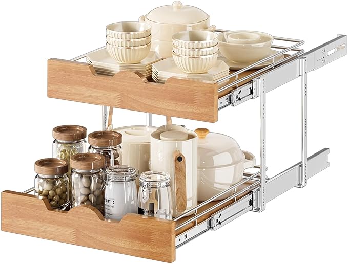 OCG Pull Out Cabinet Organizer 17" W x 21" D, 2 Tier Slide Out Shelf, Heavy-Duty Pull Out Drawer for Cabinets, Base Cabinet Organization for Kitchen, Pantry, Bathroom