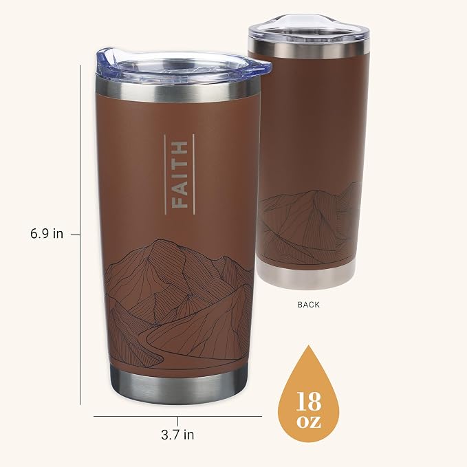 Christian Art Gifts Large Premium Stainless Steel Vacuum Sealed Insulated Travel Mug Tumbler for Men & Women: Faith Inspiring Mountain Theme, Leak-Proof Retractable Lid, All Day Hot/Cold, Brown, 18 oz
