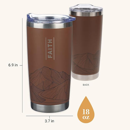 Christian Art Gifts Large Premium Stainless Steel Vacuum Sealed Insulated Travel Mug Tumbler for Men & Women: Faith Inspiring Mountain Theme, Leak-Proof Retractable Lid, All Day Hot/Cold, Brown, 18 oz