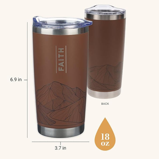 Christian Art Gifts Large Premium Stainless Steel Vacuum Sealed Insulated Travel Mug Tumbler for Men & Women: Faith Inspiring Mountain Theme, Leak-Proof Retractable Lid, All Day Hot/Cold, Brown, 18 oz