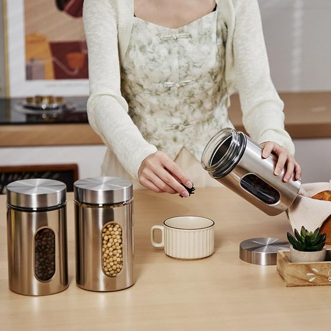 Mimorou 3 Pcs Stainless Steel Canister Set with Glass Windows Visible Storage Jars Silver Kitchen Canister Set for Pasta Flour Oat Sugar Container, Kitchen Tools, Housewarming Gifts(32 oz)