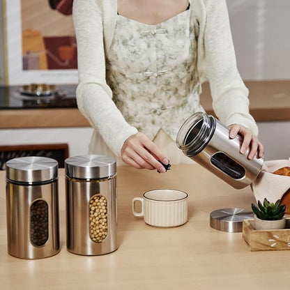 Mimorou 3 Pcs Stainless Steel Canister Set with Glass Windows Visible Storage Jars Silver Kitchen Canister Set for Pasta Flour Oat Sugar Container, Kitchen Tools, Housewarming Gifts(32 oz)