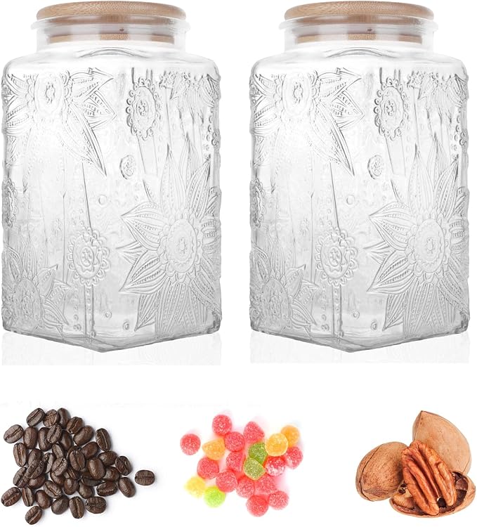 Custde Glass Storage Jars With Airtight Lid, 35oz Canister For Kitchen Counter with Bamboo Lid, brown sugar, candy, coffee, cookie, salt, tea,pantry cute Jar (Large Square Sunflower)
