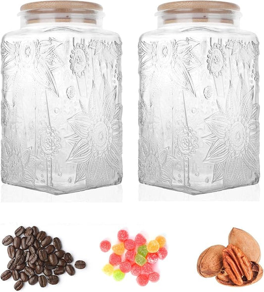 Custde Glass Storage Jars With Airtight Lid, 35oz Canister For Kitchen Counter with Bamboo Lid, brown sugar, candy, coffee, cookie, salt, tea,pantry cute Jar (Large Square Sunflower)