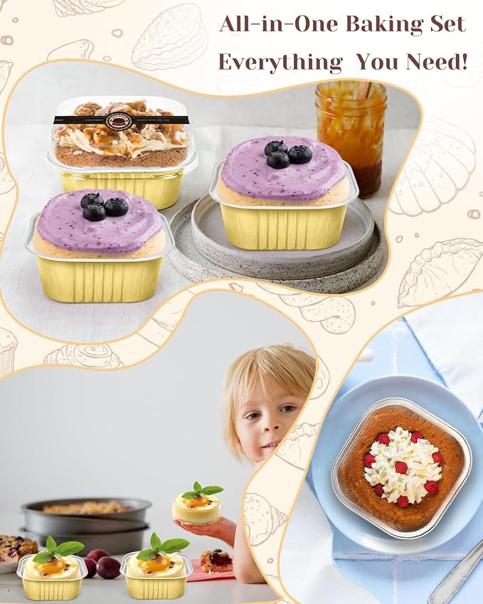 YQER 60 Pack 10oz Mini Cake Pans with Lids, Spoons, Stickers - Disposable Square Brownie Baking Cups - Individual Small Aluminum Foil Loaf Tins for Muffin, Ramekins, Cupcake - Catering, Gift, Gold
