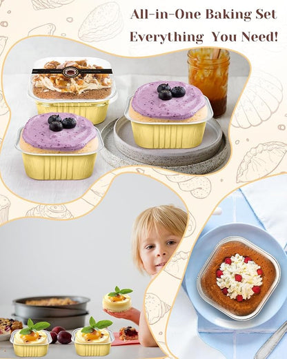 YQER 60 Pack 10oz Mini Cake Pans with Lids, Spoons, Stickers - Disposable Square Brownie Baking Cups - Individual Small Aluminum Foil Loaf Tins for Muffin, Ramekins, Cupcake - Catering, Gift, Gold