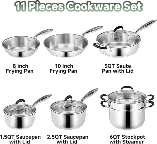 SLOTTET Stainless Steel Kitchen Cookware Set,11 Piece Pots and Pans Set with Steamer,Heat-resistant Handle,Non-Toxic,Induction,Oven,Dishwasher Safe