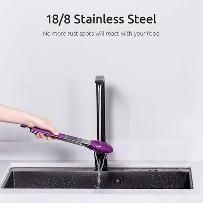 Kitchen Tongs, U-Taste 7/9/12 inches Cooking Tongs, with 600ºF High Heat-Resistant Non-Stick Silicone Tips, 18/8 Stainless Steel Handle, for Food Grill, Salad, BBQ, Frying, Serving, Pack of 3(Purple)