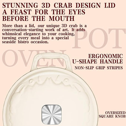 Enameled Cast Iron Dutch Oven - 5QT Dutch Oven Pot with Crab Lid & Oversized Knob & Ergonomic Handles - Heavy Duty Cookware for Braising, Stews, Roasting, Bread Baking - Cream White