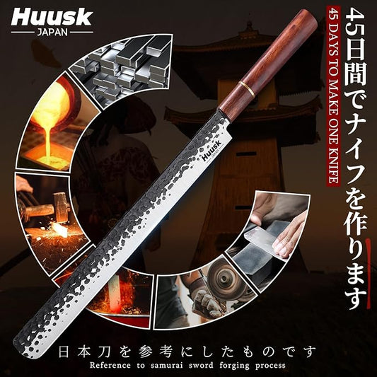 Huusk Japanese Brisket Carving Knife - 11" Slicing Knife for Meat Cutting Made by High Carbon Steel, Hand Forged Ultra Sharp Brisket Slicer with Wood Handle for BBQ Grilling Roast, Gift Idea for Men