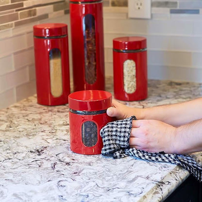 Quality Modern Red Stainless Steel Canister Set for Kitchen Counter with Glass Window & Airtight Lid - Food Storage Containers with Lids Airtight - Pantry Storage and Organization Set