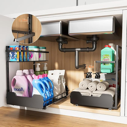 PureBox Under Sink Organizer, 2-Tier L-Shaped Pull Out Cabinet Shelf with 2 Installation Methods, Adjustable Sliding Storage Drawer for Kitchen, Bathroom, Laundry, Metal, Black
