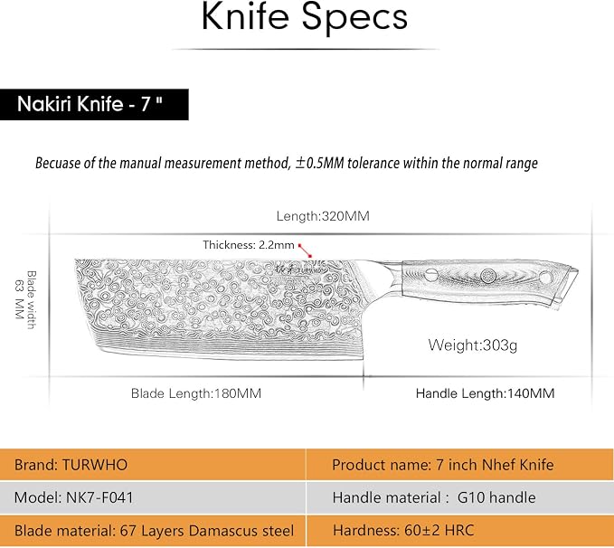TURWHO Professional Nakiri Knife 7 Inch - Classic Damascus pattern Japanese VG-10 Steel Chef Knives