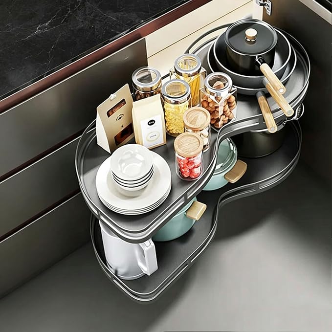 Blind Corner Cabinet Organizer Pull Out, 2 Tier Magic Corner Pull Out Shelves for Kitchen Storage, Soft Close Adjustable Height Organizer, Heavy Duty Metal Rack for Pots, Pans and Pantry Items