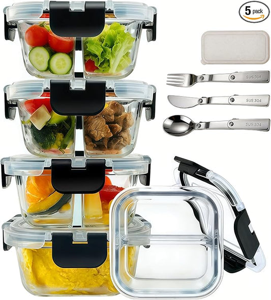5 Pack Bariatric Meal Prep Containers, 8 oz Bariatric Bowls for Portion Control, Reusable Glass Snack Food Containers with Lids & Folding Spoon & Fork & Knife, Bariatric Must Haves (Black)