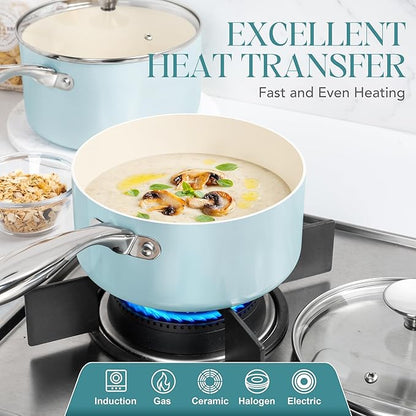 MICHELANGELO 3 Quart Saucepan with Lid - Non Toxic Sauce Pan with Nonstick Ceramic Coating, Scratch-Resistant, Induction Saucepan Suitable for All Stovetops, Light Blue
