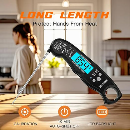 KULUNER Digital Meat Thermometer Instant Read, Waterproof Probe with Backlight & Calibration, Ultra Fast 2-3s Reading, Stainless Steel Kitchen Food Thermometer for Grilling BBQ Cooking Candy - Black