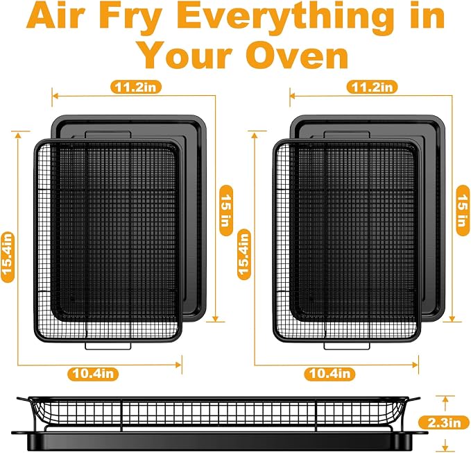 DONGULI Air Fryer Basket Oven - 2 Set Large Air Fryer Basket and Tray Stainless Steel Oven Air Fryer Rack Pan Accessories for Baking (L-2 Pack-Black-15.7"x11.8")