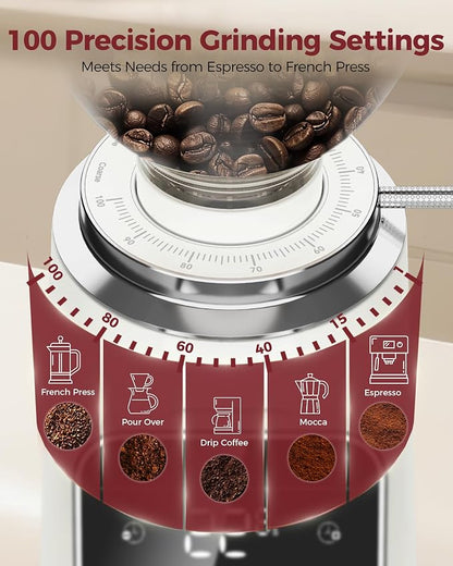 Tuni G3 Commercial Grade 64mm Flat Burr Coffee Grinder, 100 Grind Settings Electric Espresso Grinder with Single Dose, Touchscreen Display & Anti-Static Tech, All-Metal Stainless Steel Body, Ivory