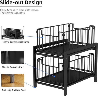 2 Tier Sliding Basket Drawer Organizer, Lxmons Pull Out Under Sink Cabinets Organizers, Metal Home Shelf for Bathroom or Kitchen, Sliding Countertop or Pantry Storage Shelf, Large Black