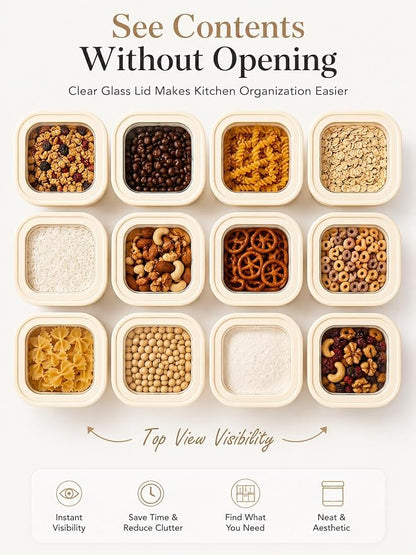 12pcs Square Glass Pantry Storage Containers Set with Glass Lids 0.76Qt/1.22Qt/1.67Qt - Airtight Stackable Kitchen Canisters Sets | 24floz / 40floz / 53floz Glass Pantry Storage Jars