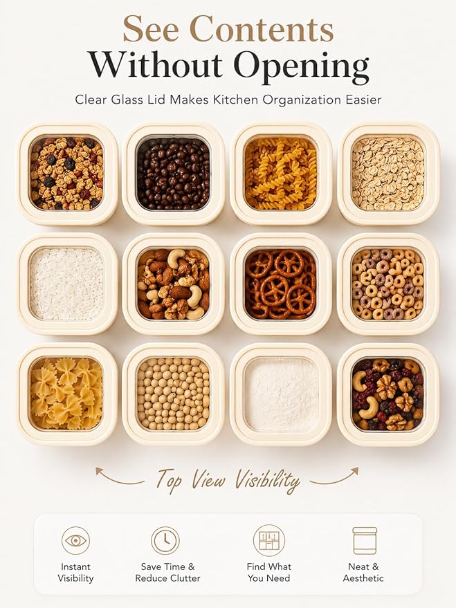 8pcs Square Glass Pantry Storage Containers Set with Glass Lids 1.22Qt/1.67Qt - Airtight Stackable Kitchen Canisters Sets for Pasta, Cereal, Flour | 40floz / 53floz Glass Pantry Storage Jars