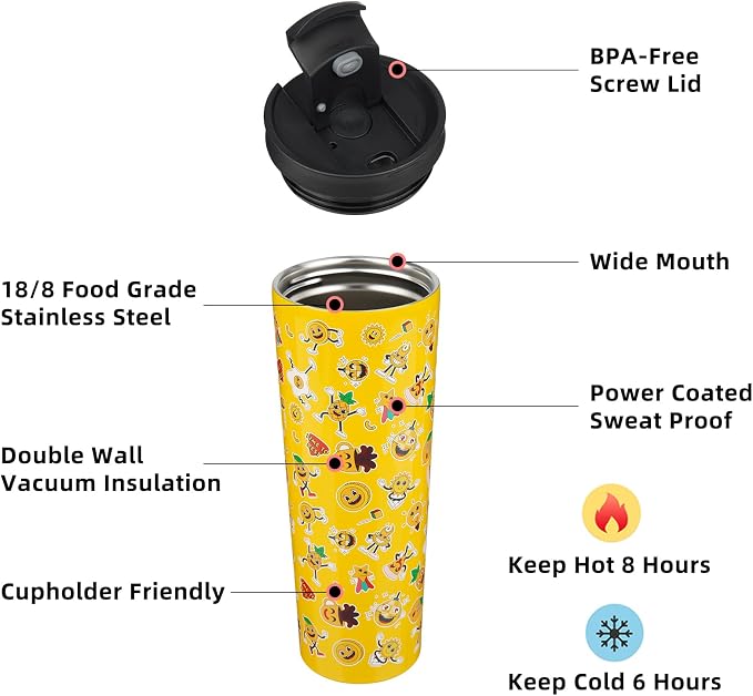 BJPKPK 30oz Insulated Tumbler With lid And Straw Stainless Steel Tumblers Travel Coffee Mug Reusable Thermal Cup,Hawaii Fruits-Yellow (Pack of 2)