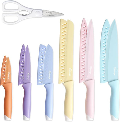Knife Set, 13 PCS Kitchen Knives Set with Nonstick Ceramic Anti-Rust Coating, Stainless Steel Chef Knife Sets with 6 Blade Guards, Dishwasher Safe, House Warming Gifts New Home