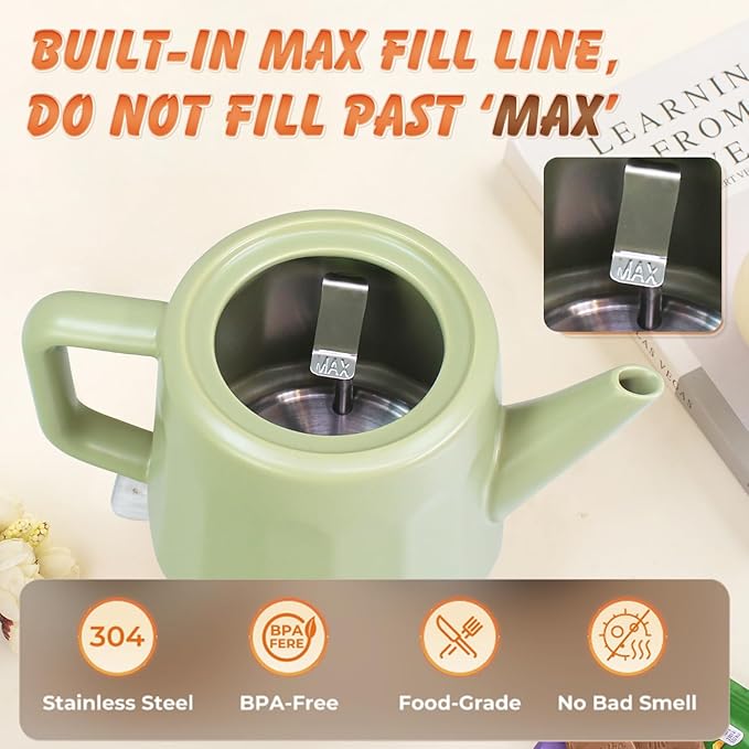 Ceramic Electric Kettle 1.2L, Automatic Shut Off Tea Kettle & Hot Water Boiler Pot For Coffee & Tea, Prevent Boil Dry, 1000W, Seed-green