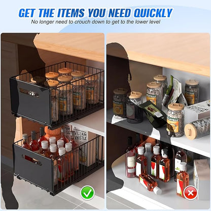 2 Pack Pull Out Cabinet Organizer, 15"" Depth Slide Out Drawer with Nano Adhesive (No Drilling), Heavy Duty Tall Wire Basket for Kitchen, Under Sink, Bathroom, 9.44"" W x 7.08"" H, Black