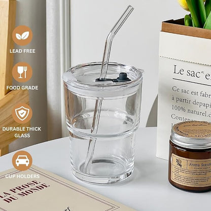 Olvini 13oz Glass Tumbler with Straw and Lid, Reusable Iced Coffee Cup Tumbler, Cute Glass Cups for Water, Matcha, Travel Coffee Mugs (Bon Appétit)