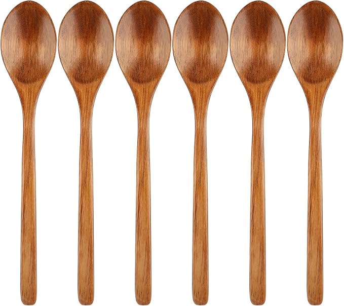 6 Pcs Wooden Spoons, 9 Inch Wood Soup Spoons for Cooking Mixing Eating,Oval Long Handle Spoon for Tea Jam Coffee Sugar Ice Cream and Bath Salts