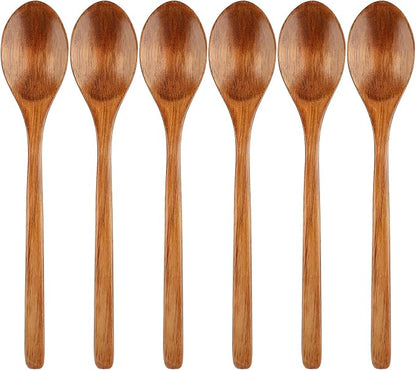 6 Pcs Wooden Spoons, 9 Inch Wood Soup Spoons for Cooking Mixing Eating,Oval Long Handle Spoon for Tea Jam Coffee Sugar Ice Cream and Bath Salts