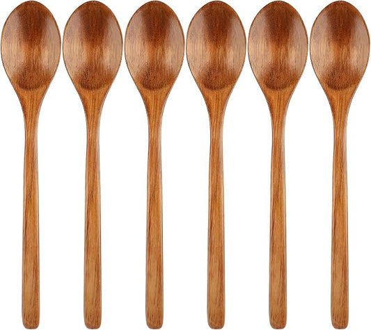 6 Pcs Wooden Spoons, 9 Inch Wood Soup Spoons for Cooking Mixing Eating,Oval Long Handle Spoon for Tea Jam Coffee Sugar Ice Cream and Bath Salts