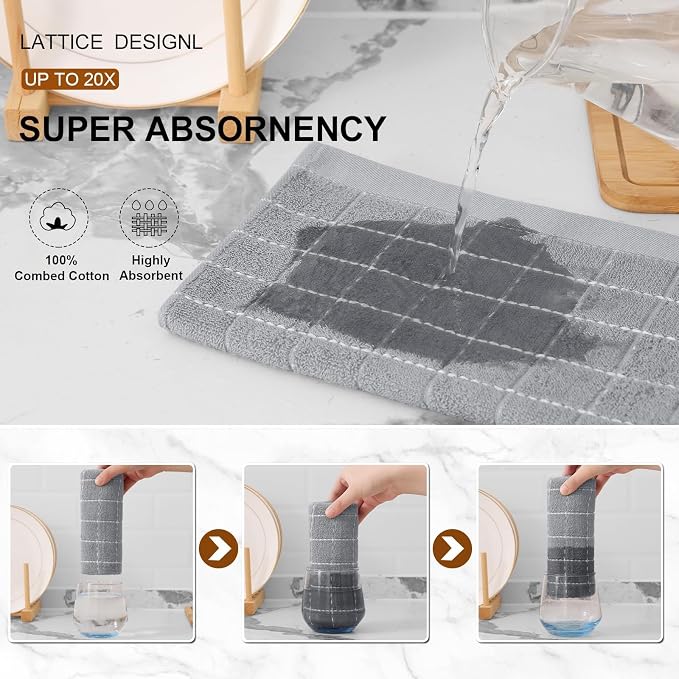 Mordimy 100% Cotton Terry Cloth Kitchen Towels, Super Soft and Absorbent Dish Towels for Drying, Checkered Designed Hand Towels for Kitchen, 13 x 28 Inches, 4 Pack, Light Grey
